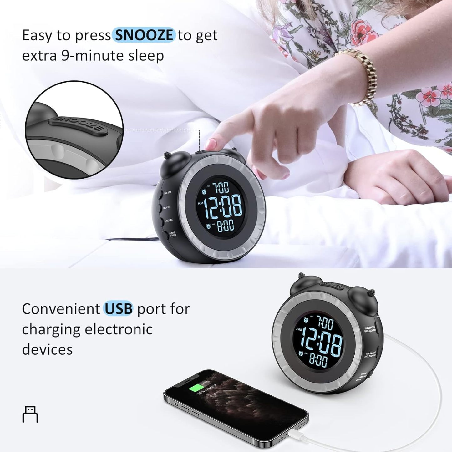 Loud Dual Alarm Clock with Bed Shaker - 0-100% Dimmer, Vibrating Alarm Clock for Heavy Sleepers or Hearing Impaired, Easy to Set, USB Charging Port, Snooze, Battery Backup