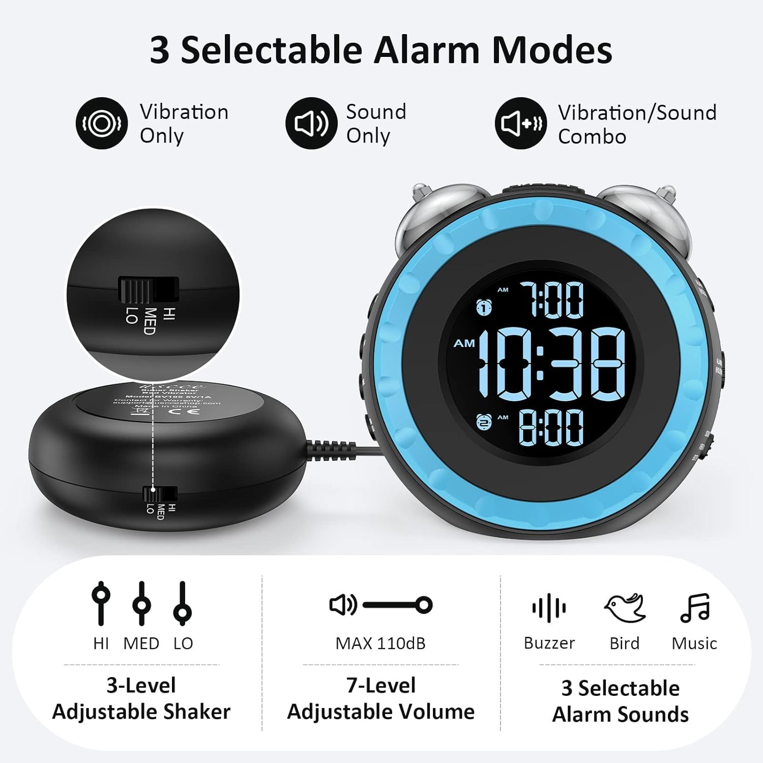 Loud Dual Alarm Clock with Bed Shaker - 0-100% Dimmer, Vibrating Alarm Clock for Heavy Sleepers or Hearing Impaired, Easy to Set, USB Charging Port, Snooze, Battery Backup
