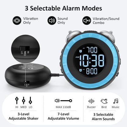Loud Dual Alarm Clock with Bed Shaker - 0-100% Dimmer, Vibrating Alarm Clock for Heavy Sleepers or Hearing Impaired, Easy to Set, USB Charging Port, Snooze, Battery Backup