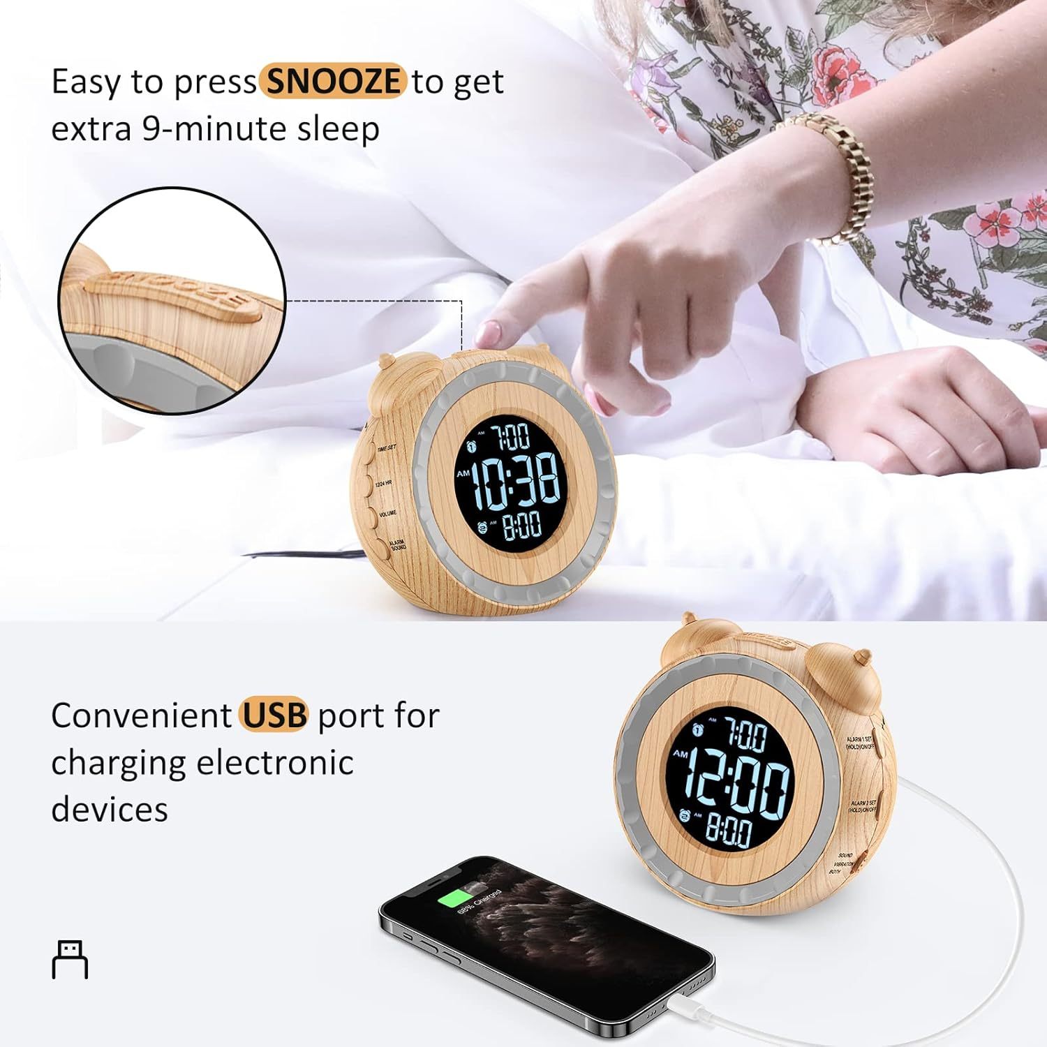 Loud Dual Alarm Clock with Bed Shaker - 0-100% Dimmer, Vibrating Alarm Clock for Heavy Sleepers or Hearing Impaired, Easy to Set, USB Charging Port, Snooze, Battery Backup