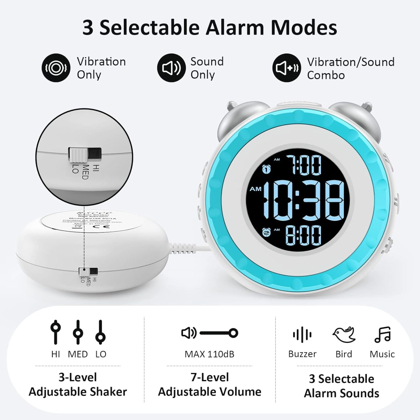 Loud Dual Alarm Clock with Bed Shaker - 0-100% Dimmer, Vibrating Alarm Clock for Heavy Sleepers or Hearing Impaired, Easy to Set, USB Charging Port, Snooze, Battery Backup