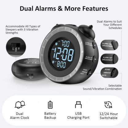 Loud Dual Alarm Clock with Bed Shaker - 0-100% Dimmer, Vibrating Alarm Clock for Heavy Sleepers or Hearing Impaired, Easy to Set, USB Charging Port, Snooze, Battery Backup
