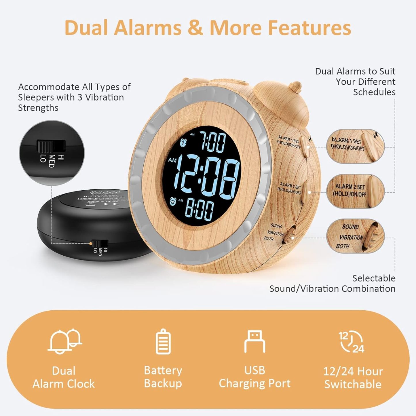 Loud Dual Alarm Clock with Bed Shaker - 0-100% Dimmer, Vibrating Alarm Clock for Heavy Sleepers or Hearing Impaired, Easy to Set, USB Charging Port, Snooze, Battery Backup