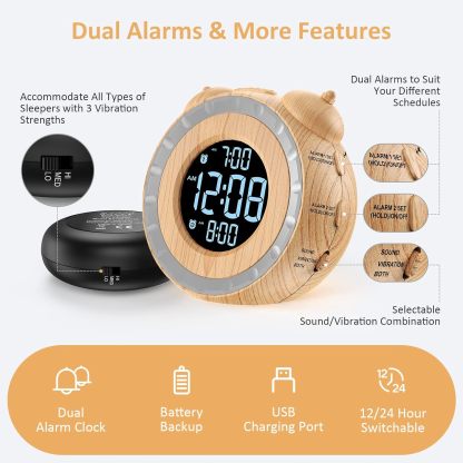 Loud Dual Alarm Clock with Bed Shaker - 0-100% Dimmer, Vibrating Alarm Clock for Heavy Sleepers or Hearing Impaired, Easy to Set, USB Charging Port, Snooze, Battery Backup