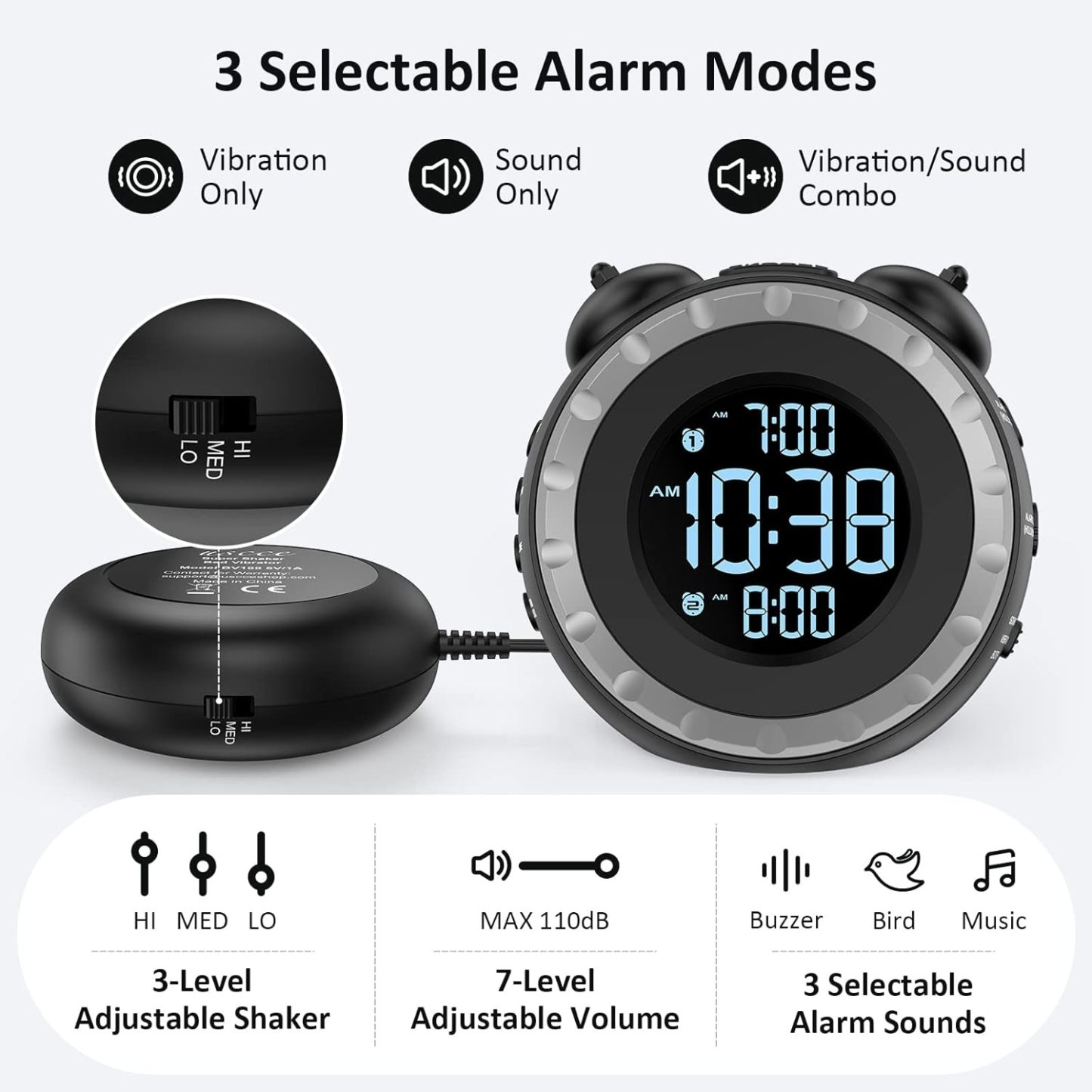 Loud Dual Alarm Clock with Bed Shaker - 0-100% Dimmer, Vibrating Alarm Clock for Heavy Sleepers or Hearing Impaired, Easy to Set, USB Charging Port, Snooze, Battery Backup