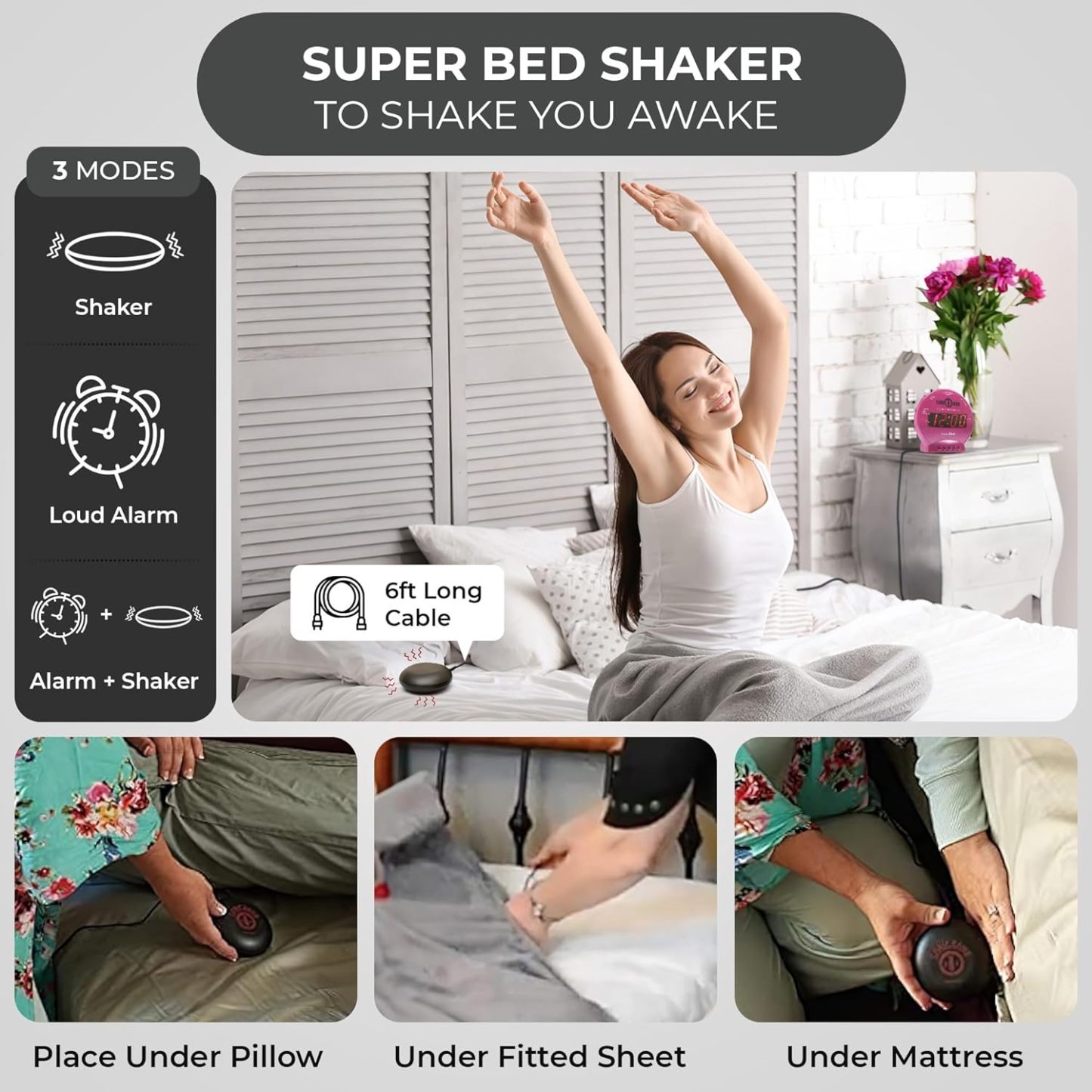 Loud Vibrating Alarm Clock for Heavy Sleepers, Bed Shaker Alarm Clock for Deaf and Hard of Hearing