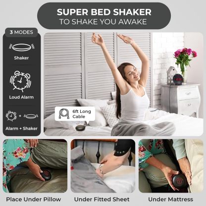 Loud Vibrating Alarm Clock for Heavy Sleepers, Bed Shaker Alarm Clock for Deaf and Hard of Hearing
