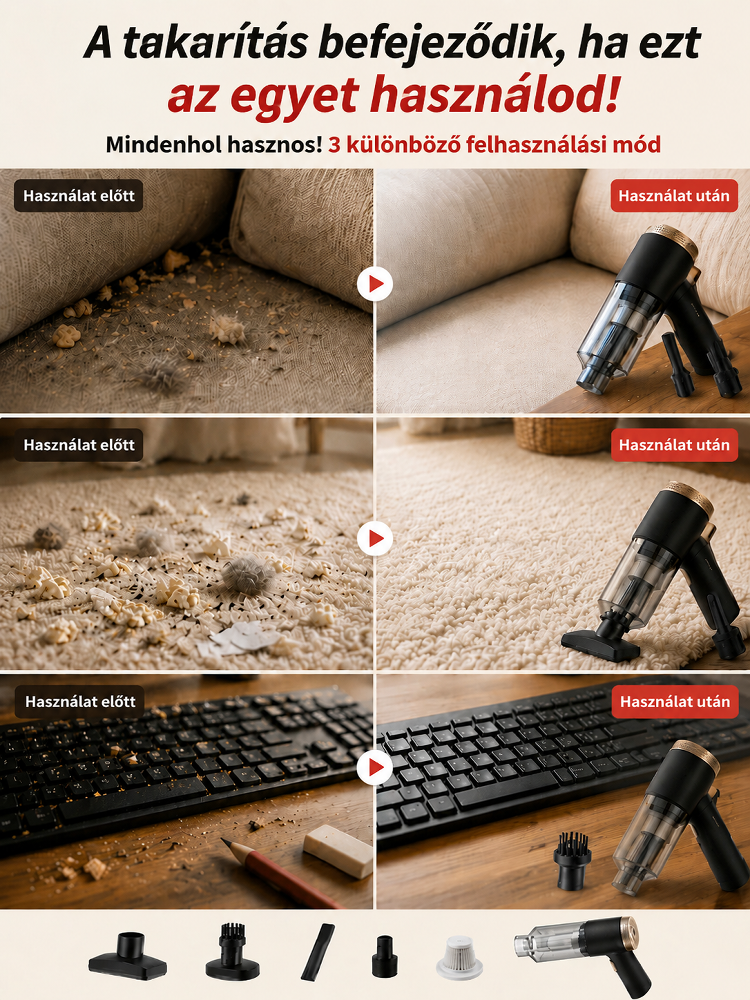 🚗 Tisztítás és felfújás egyetlen prémium eszközzel – Felejtsd el a zsúfolt csomagtartót!