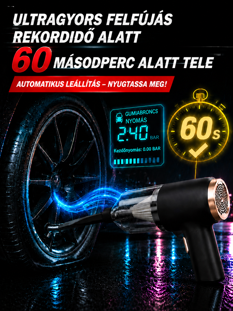 🚗 Tisztítás és felfújás egyetlen prémium eszközzel – Felejtsd el a zsúfolt csomagtartót!