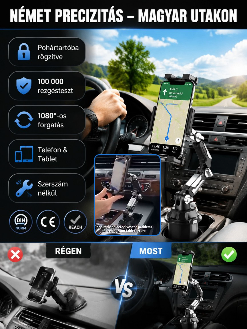 🚗 Univerzális Autós Pohártartó Tartó Telefonhoz és Tablethez – Maximum Stabilitás Rázkódás Nélkül!