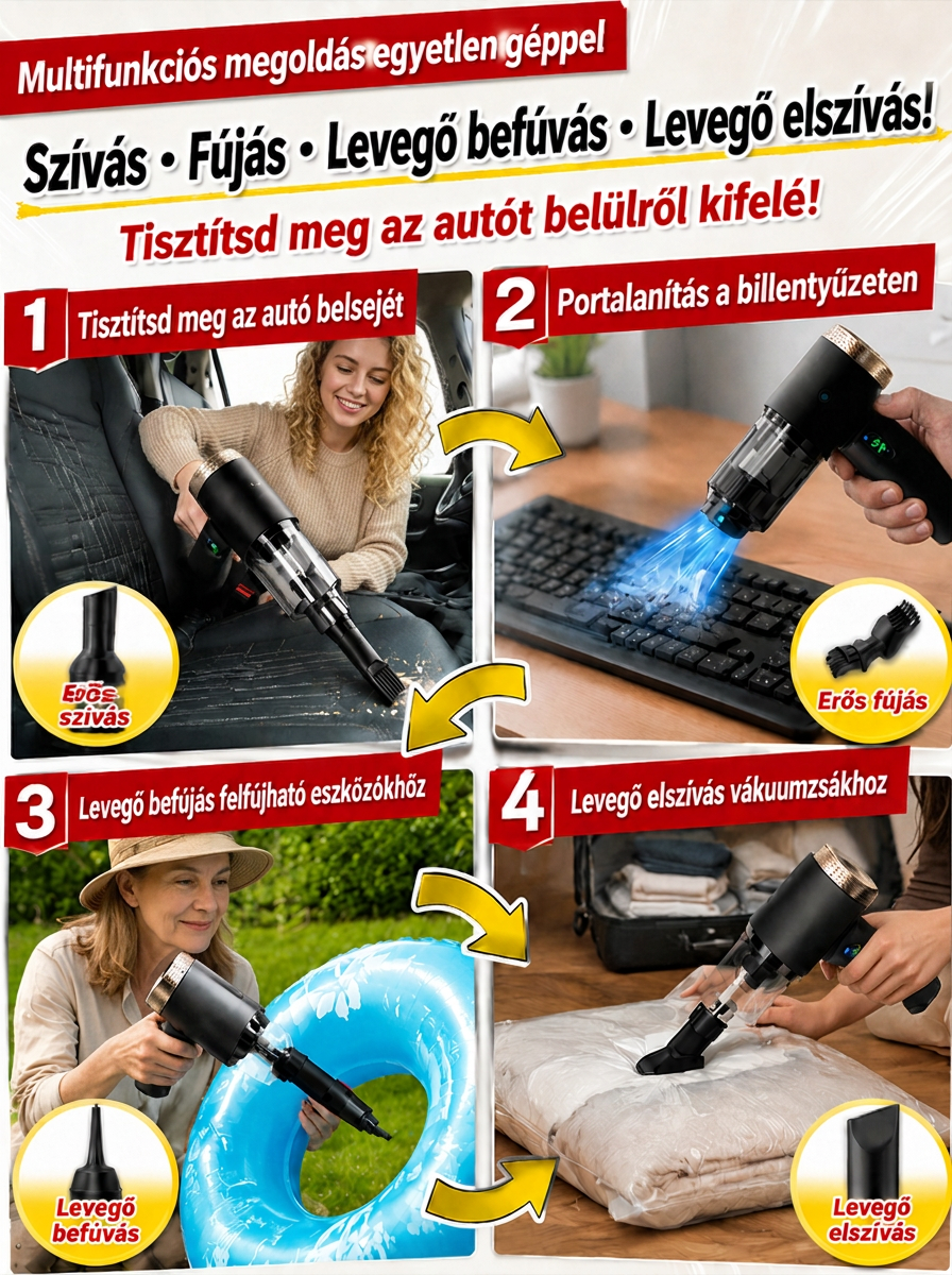 🚗 Tisztítás és felfújás egyetlen prémium eszközzel – Felejtsd el a zsúfolt csomagtartót!