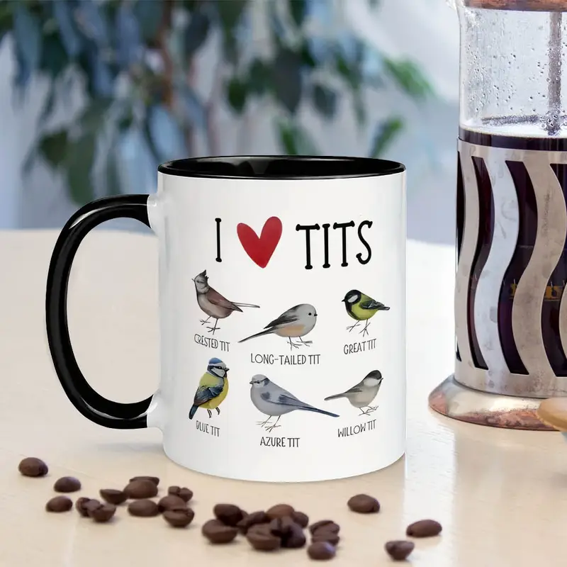 1oz Ceramic Coffee Mug with Humorous "I Love Tits" Bird Design - 6 Real Species Illustrated