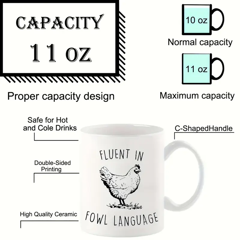 1pc Funny Chicken Lover Gift - 11oz Ceramic Coffee Mug with Double-Sided "Fluent in Fowl Language" Design, White Farmhouse Kitchenware for Hot & Cold Drinks