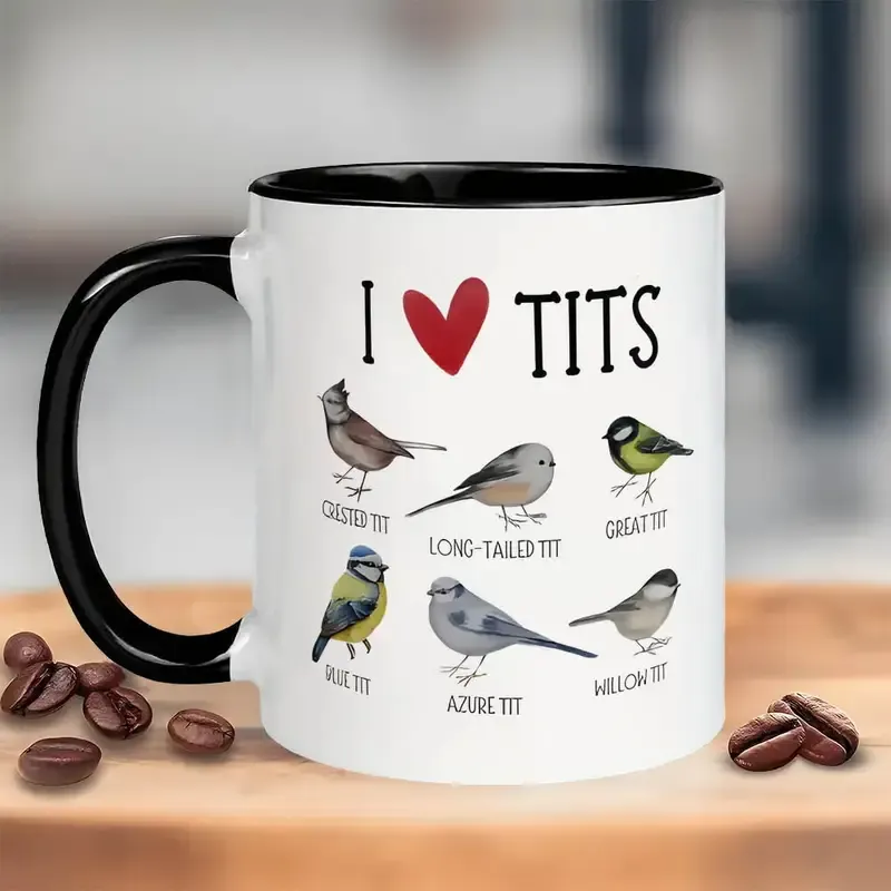 1oz Ceramic Coffee Mug with Humorous "I Love Tits" Bird Design - 6 Real Species Illustrated