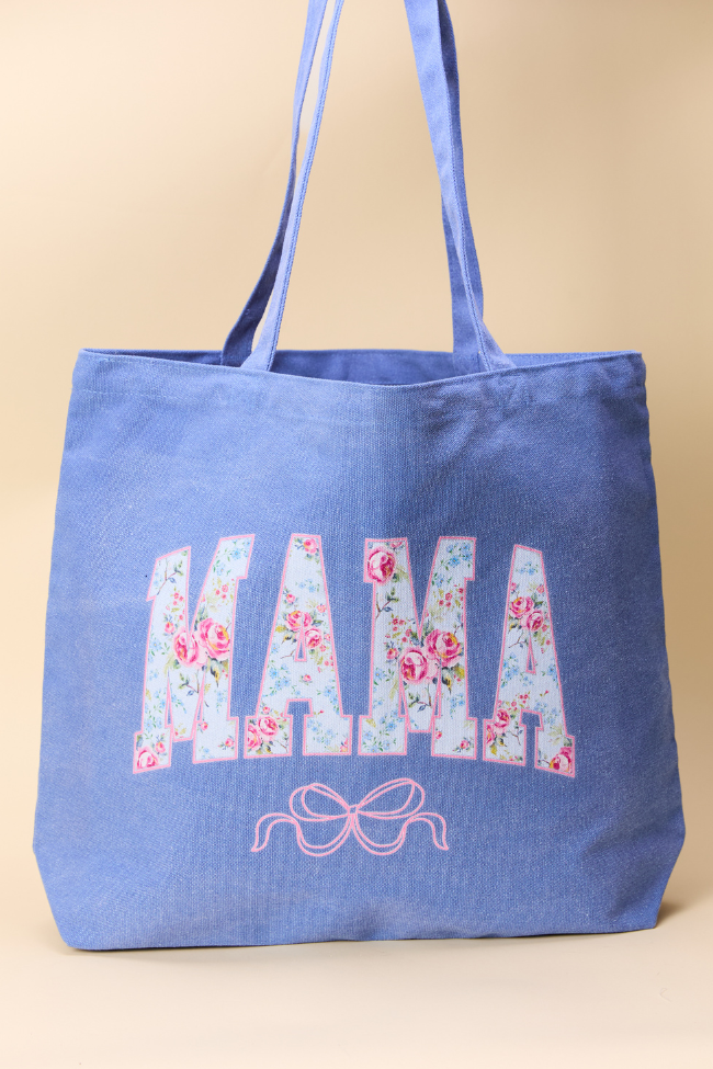 Mama Floral Bow Periwinkle Blue Graphic Tote Bag-Sunny Prom