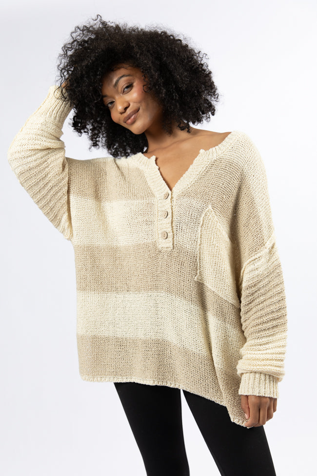 Know You Best Beige Oversized Striped Henley Sweater-Sunny Prom