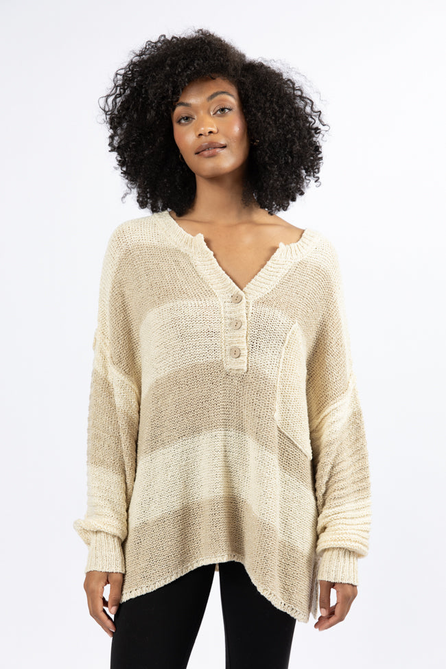 Know You Best Beige Oversized Striped Henley Sweater-Sunny Prom