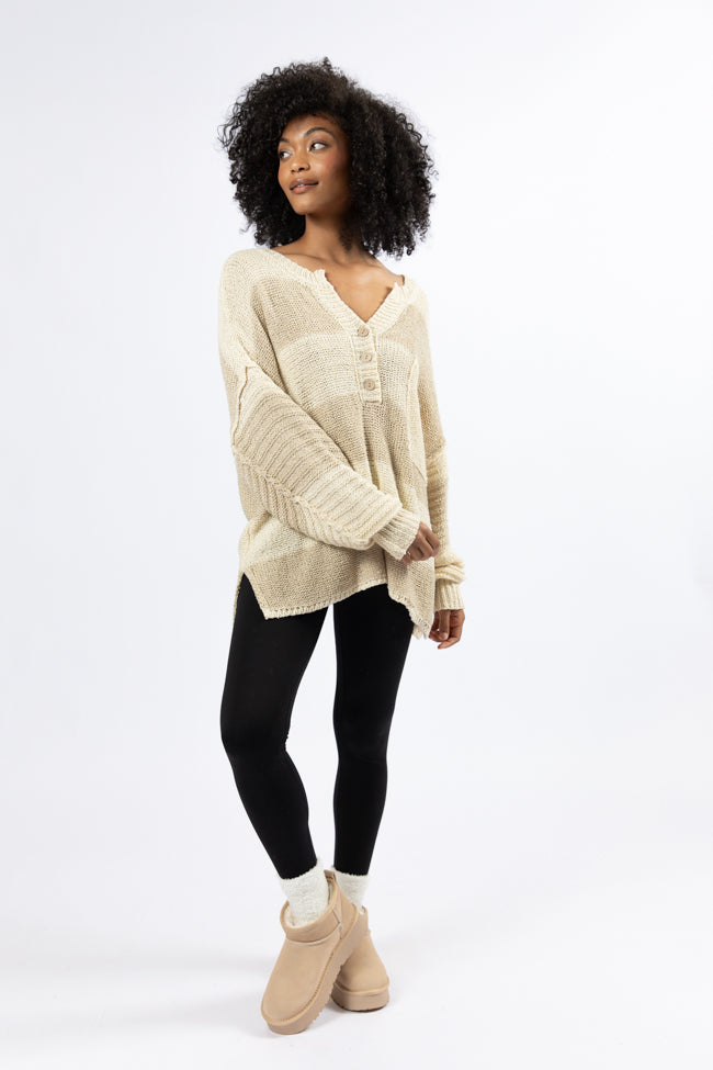 Know You Best Beige Oversized Striped Henley Sweater-Sunny Prom