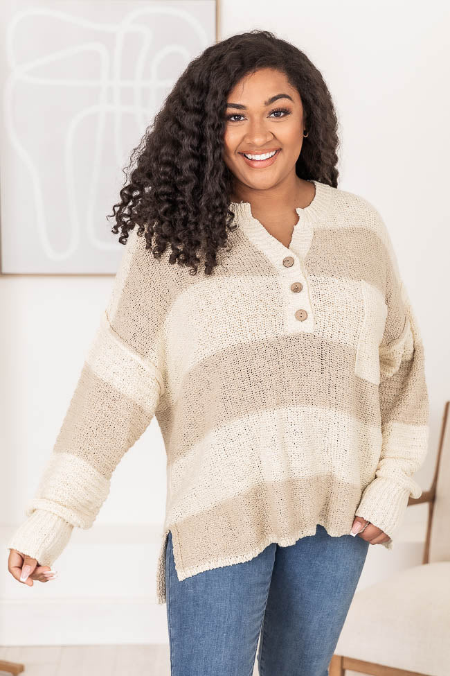 Know You Best Beige Oversized Striped Henley Sweater-Sunny Prom
