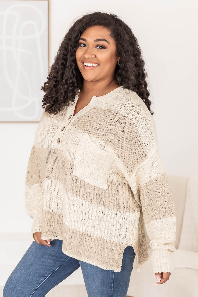 Know You Best Beige Oversized Striped Henley Sweater-Sunny Prom