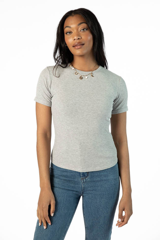 Everyday Essential Grey Ribbed Crew Neck Tee FINAL SALE-Sunny Prom