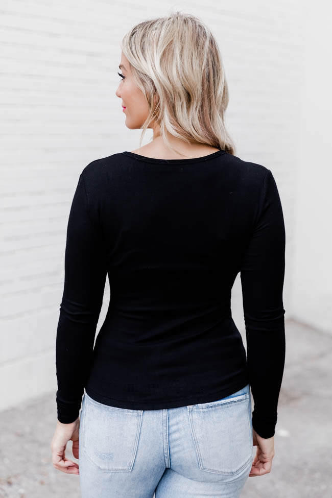 All The Better Black Ribbed Knit Henley Long Sleeve Tee FINAL SALE-Sunny Prom