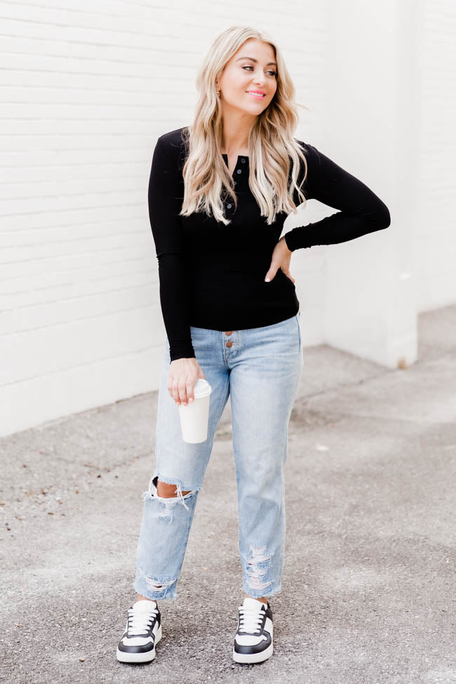 All The Better Black Ribbed Knit Henley Long Sleeve Tee FINAL SALE-Sunny Prom