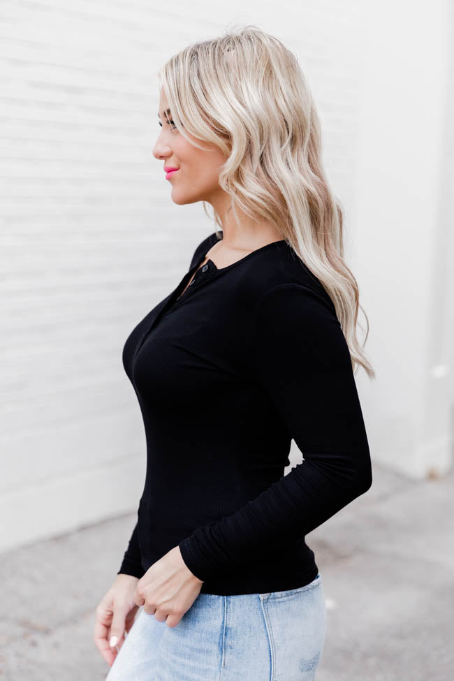All The Better Black Ribbed Knit Henley Long Sleeve Tee FINAL SALE-Sunny Prom