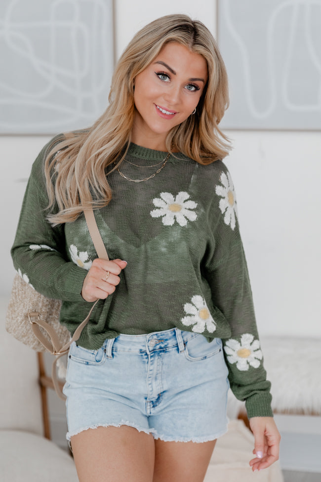 Oops-A-daisy Olive Daisy Print Sweater FINAL SALE-Sunny Prom