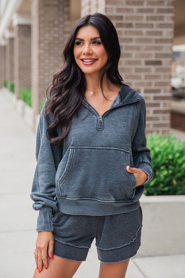 Learn As You Go Black Acid Washed Quarter Zip Pullover FINAL SALE-Sunny Prom