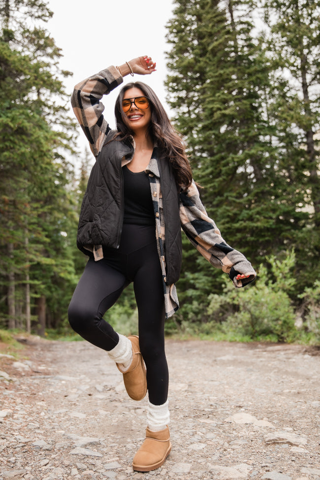 Wind Down Black and Tan Fleece Plaid Shacket FINAL SALE-Sunny Prom