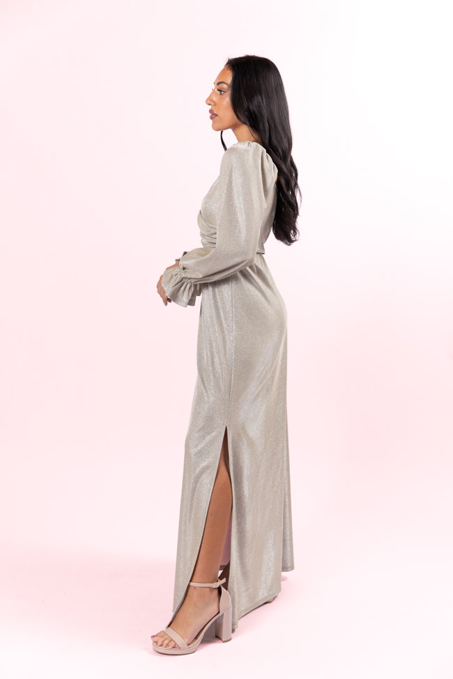 Holiday Magic Silver Shimmer Rouched Maxi Dress FINAL SALE-Sunny Prom