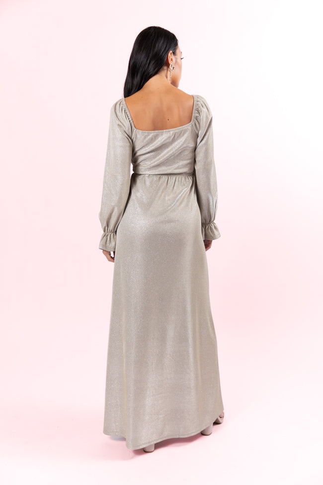 Holiday Magic Silver Shimmer Rouched Maxi Dress FINAL SALE-Sunny Prom