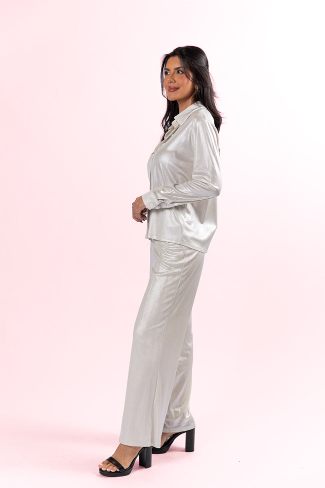 In The Works Silver Knit Button Down and Pants Set FINAL SALE-Sunny Prom