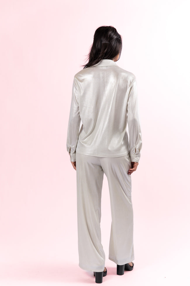 In The Works Silver Knit Button Down and Pants Set FINAL SALE-Sunny Prom