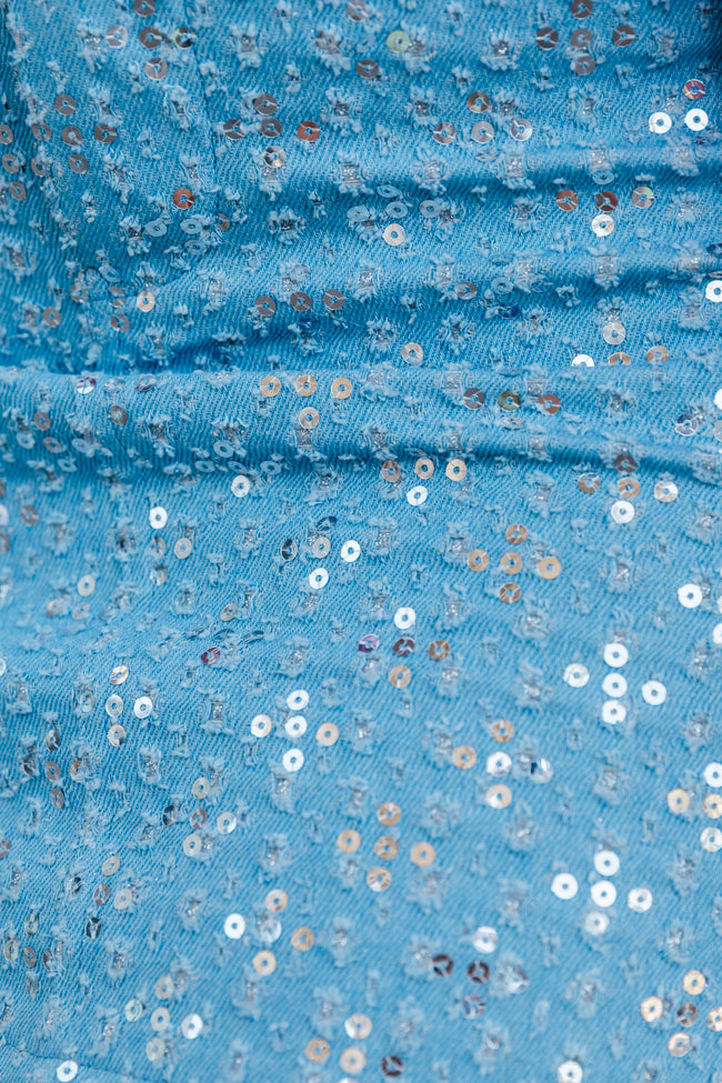 Best Of Both Worlds Sequin Embellished Light Wash Denim Mini Skirt FINAL SALE-Sunny Prom