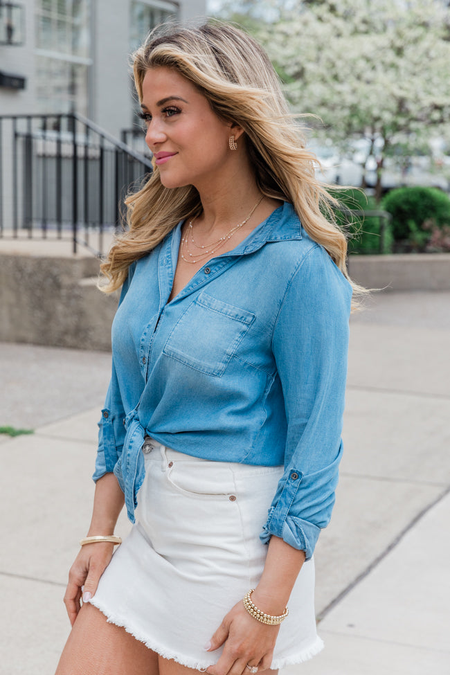 Simplify Life Medium Tie Front Chambray Blouse FINAL SALE-Sunny Prom