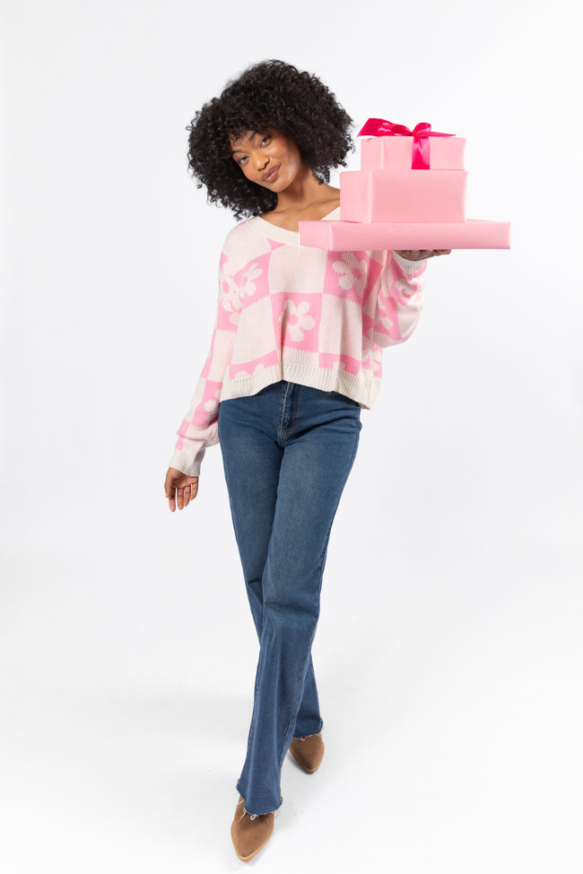 Found A New Way Pink V-Neck Checkered Flower Sweater FINAL SALE-Sunny Prom
