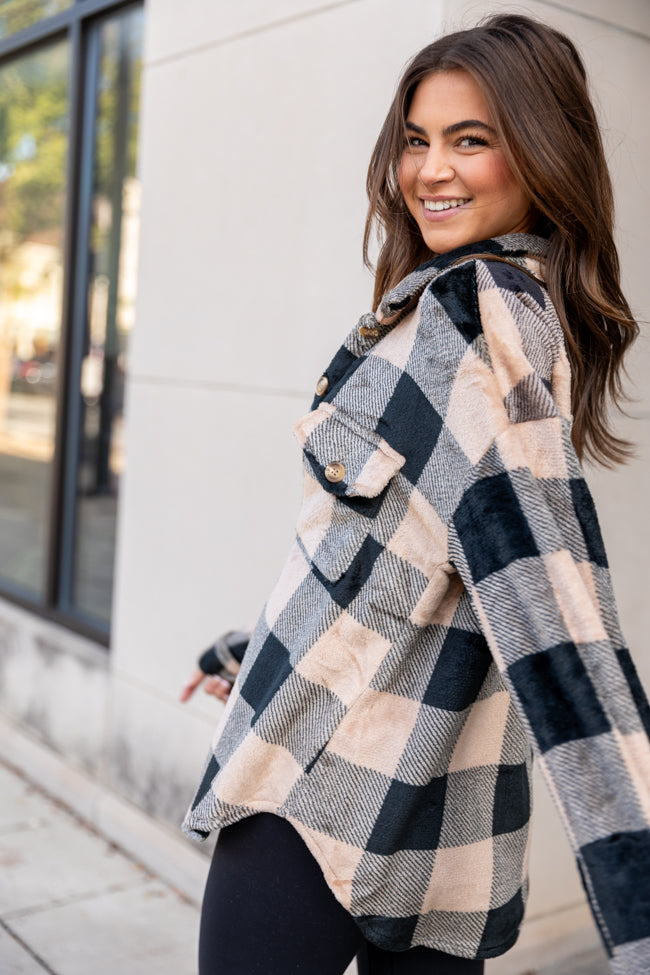 Wind Down Black and Tan Fleece Plaid Shacket FINAL SALE-Sunny Prom