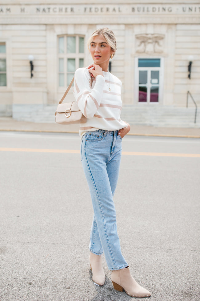 Crushing On You Ivory And Brown Striped Crew Neck Sweater FINAL SALE-Sunny Prom