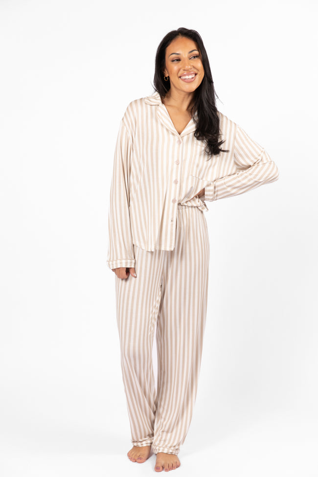 Good To Get Away Neutral Stripe Long Sleeve Pajama Top FINAL SALE-Sunny Prom