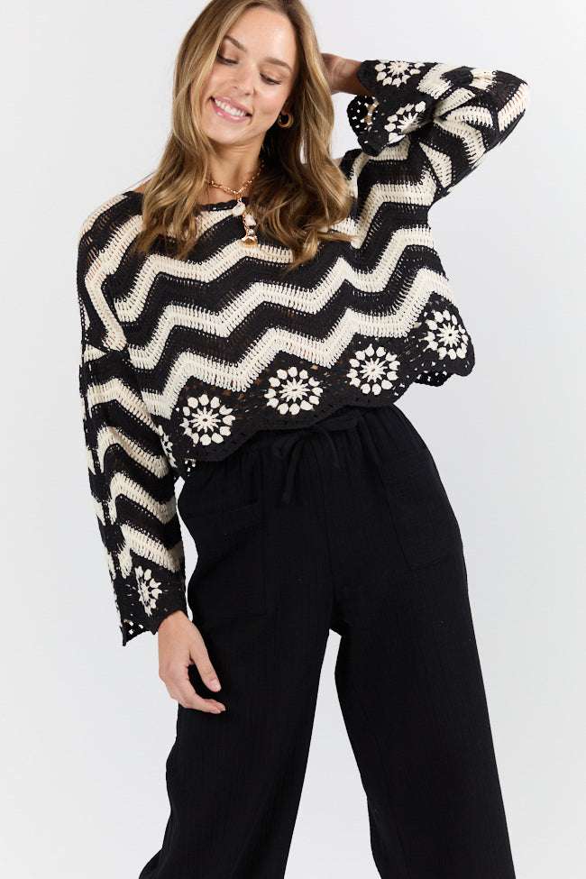 Saltwater Nights Black and Ivory Crochet Sweater SALE-Sunny Prom