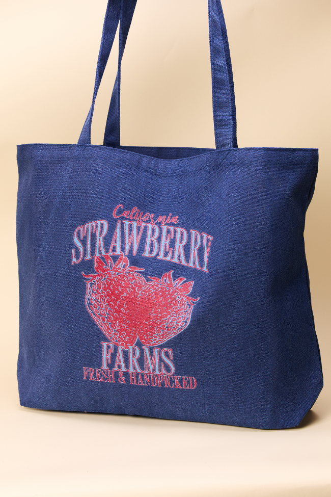 Strawberry Farms Washed Navy Graphic Tote Bag-Sunny Prom