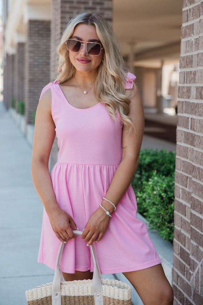 Big Ambitions Pink Tie Shoulder Romper FINAL SALE-Sunny Prom