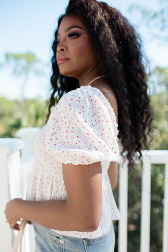 Big Feelings Ivory and Pink Floral Cinched Bust Knit Top FINAL SALE-Sunny Prom
