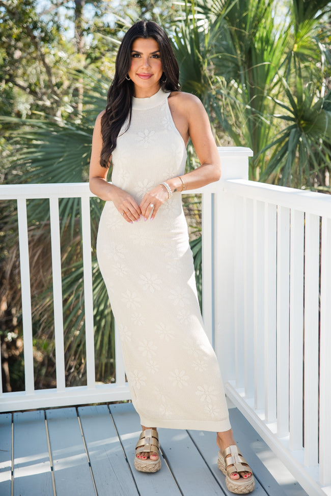 Good Composure Cream Halter Neck Crochet Midi Dress FINAL SALE-Sunny Prom