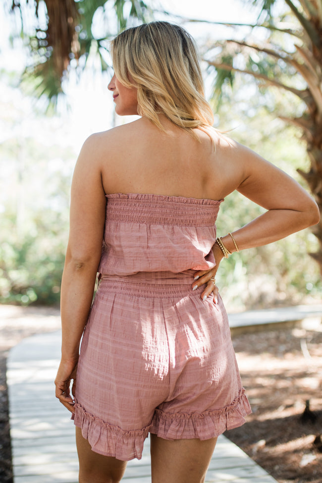 Just Visiting Mauve Strapless Flutter Hem Romper FINAL SALE-Sunny Prom