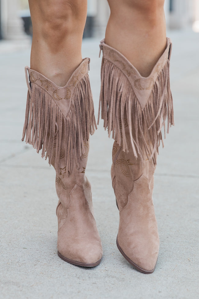 Fancy Suede Warm Taupe Fringe and Stars Boots SALE-Sunny Prom