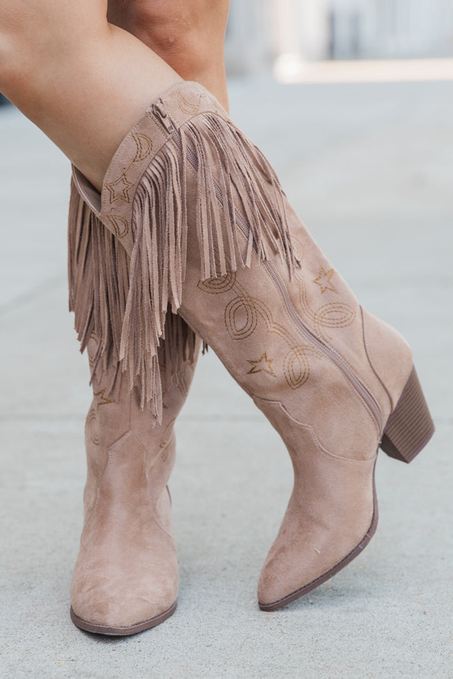 Fancy Suede Warm Taupe Fringe and Stars Boots SALE-Sunny Prom