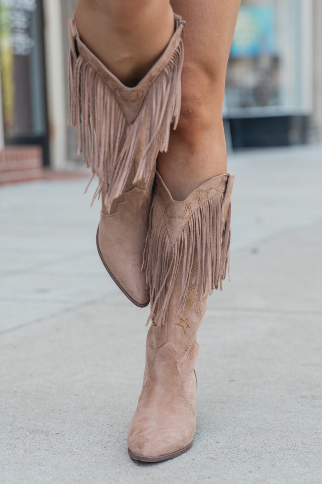 Fancy Suede Warm Taupe Fringe and Stars Boots SALE-Sunny Prom